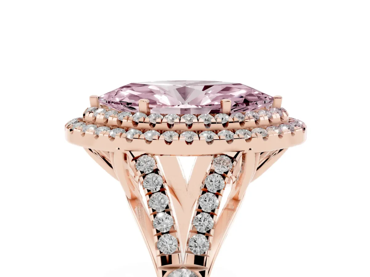 Fancy Pink Marquise Cut Cut Double Halo Split Shank Diamond Ring with Prong Setting Rose gold