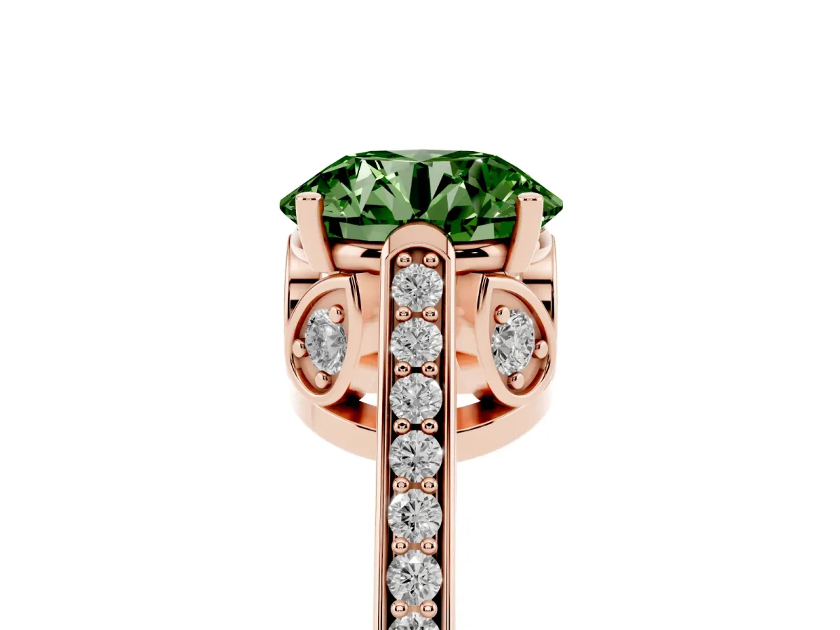 Fancy Green Round Cut Cut Cathedral Pave Diamond Engagement Ring with Six-Prong Setting Rose gold