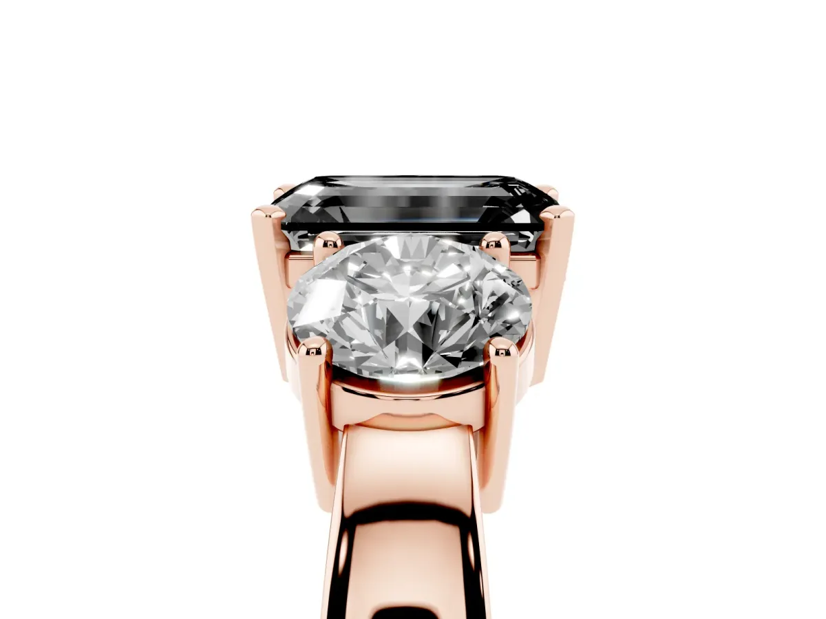 Fancy Black Three-Stone Emerald Cut Diamond Ring with Round Side Stones, Classic Band, and Four-Prong Setting Rose gold