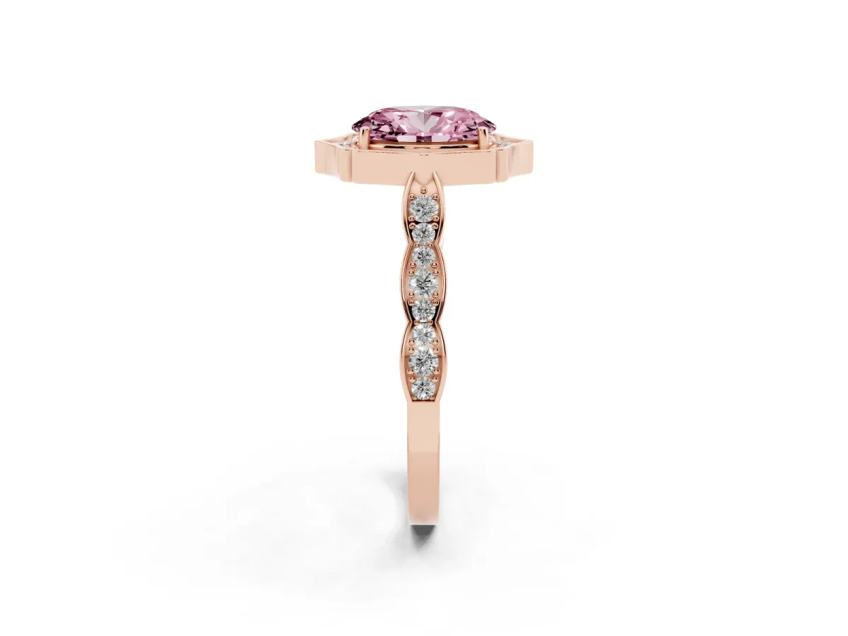 Fancy Pink Oval Cut Halo Diamond Engagement Ring with Milgrain Band and Four-Prong Setting Rose gold