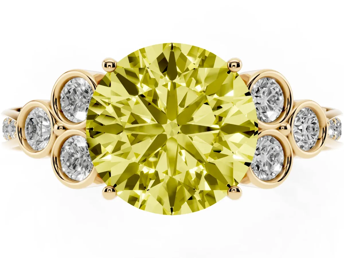 Fancy Yellow Round Cut Cut Diamond Engagement Ring with Bezel Set Round Side Stones and Prong Setting Yellow gold