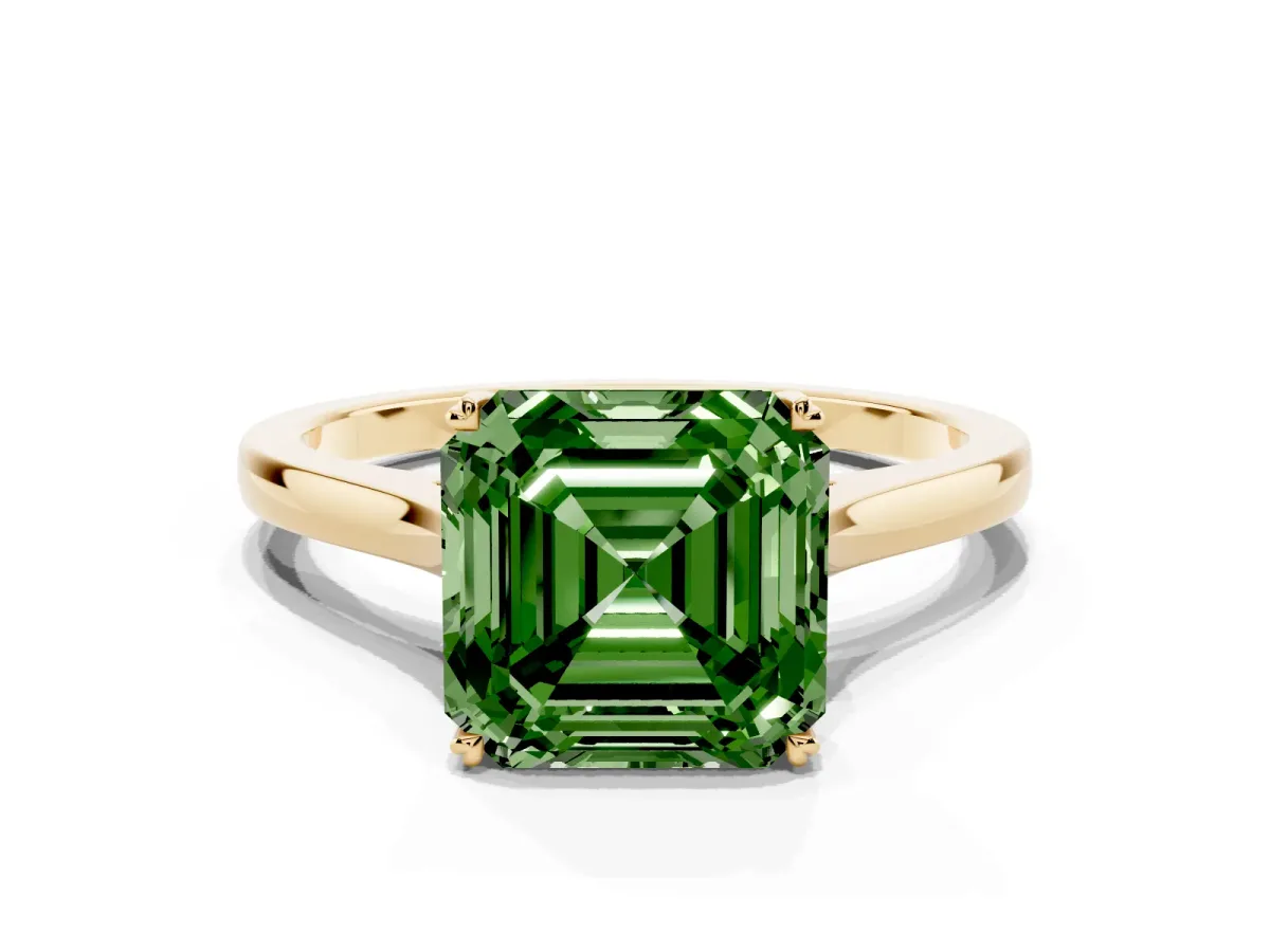 Fancy Green Asscher Cut Solitaire Heart Prong Engagement Ring with Tapered Band Yellow gold