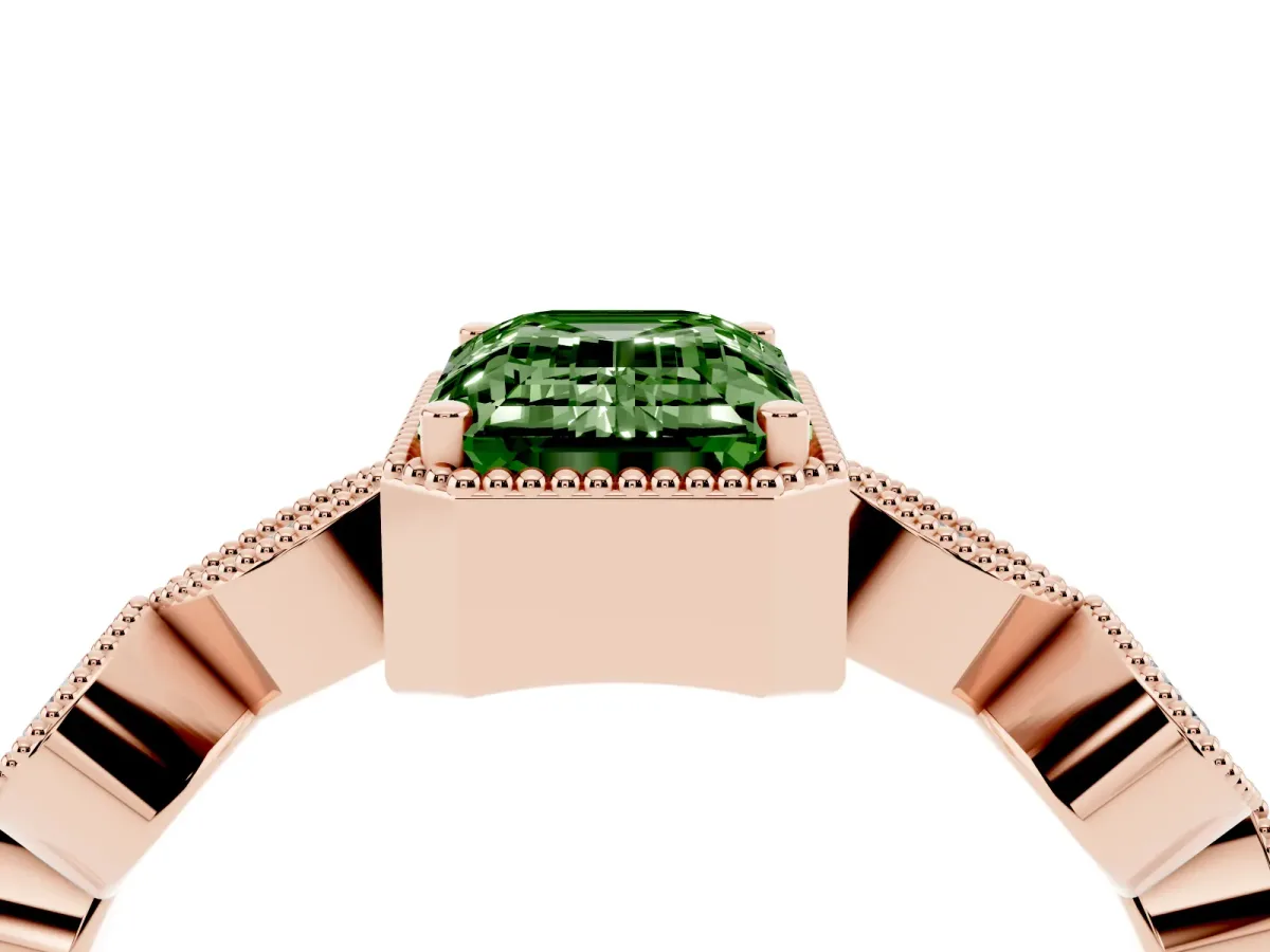 Fancy Green Emerald Cut Diamond Vintage Milgrain Ring with Round Stations Rose gold