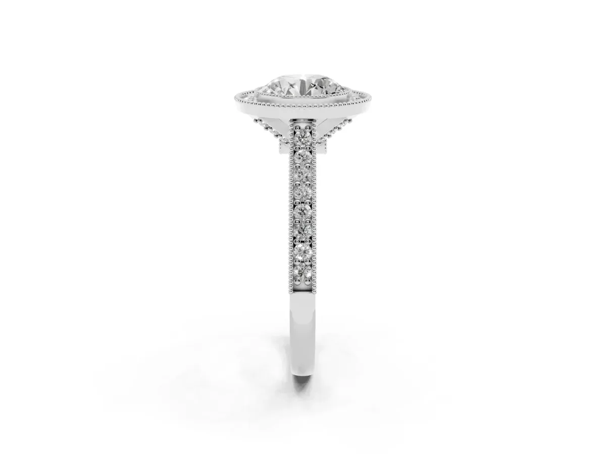 Halo Round Cut-Cut Diamond Pave Band Milgrain Prong Setting Ring Silver