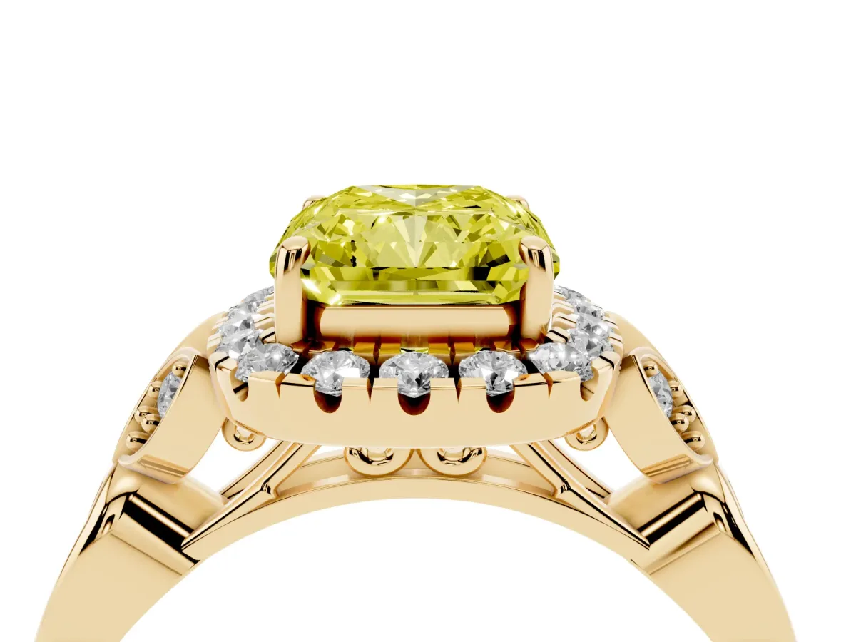 Fancy Yellow Radiant Cut Halo Diamond Engagement Ring with Vintage-Inspired Band and Four-Prong Setting Yellow gold