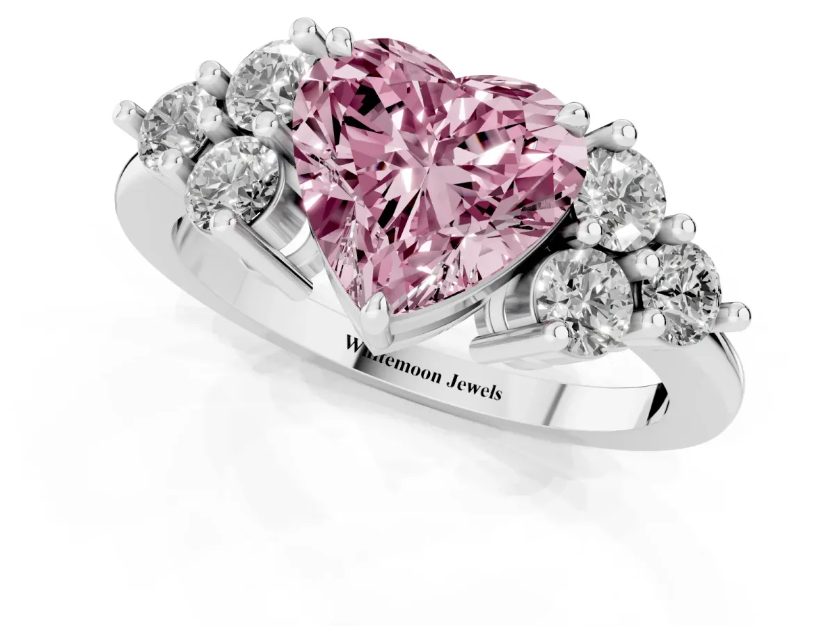 Fancy Pink Heart Cut Brilliant Diamond Cluster Accent Solitaire Ring with Prong Setting Silver