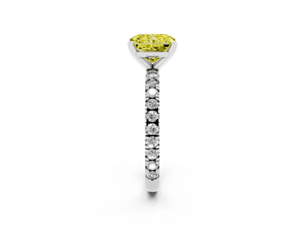 Fancy Yellow Radiant Cut Diamond Pavé Band Solitaire with Four-Prong Setting Silver