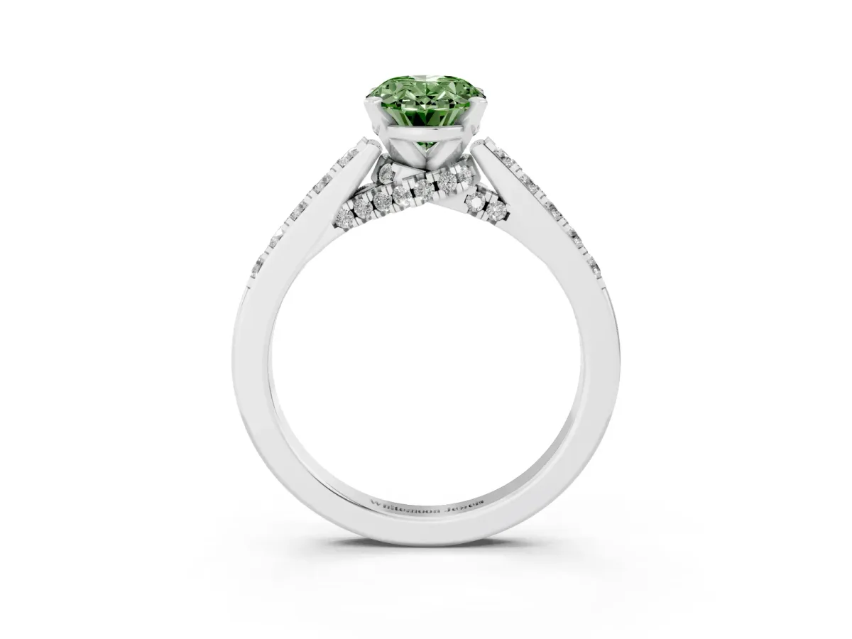 Fancy Green Oval Cut Diamond Solitaire Ring with Crossover Gallery and Round Pavé Band White gold