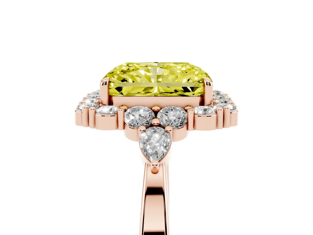 Fancy Yellow Radiant Cut Diamond Halo Ring with Pear Side Stones and Prong Setting Rose gold