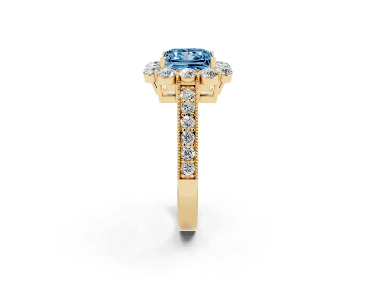Fancy Blue Princess Cut Cut Halo Diamond Pavé Engagement Ring with Milgrain Detailing Yellow gold