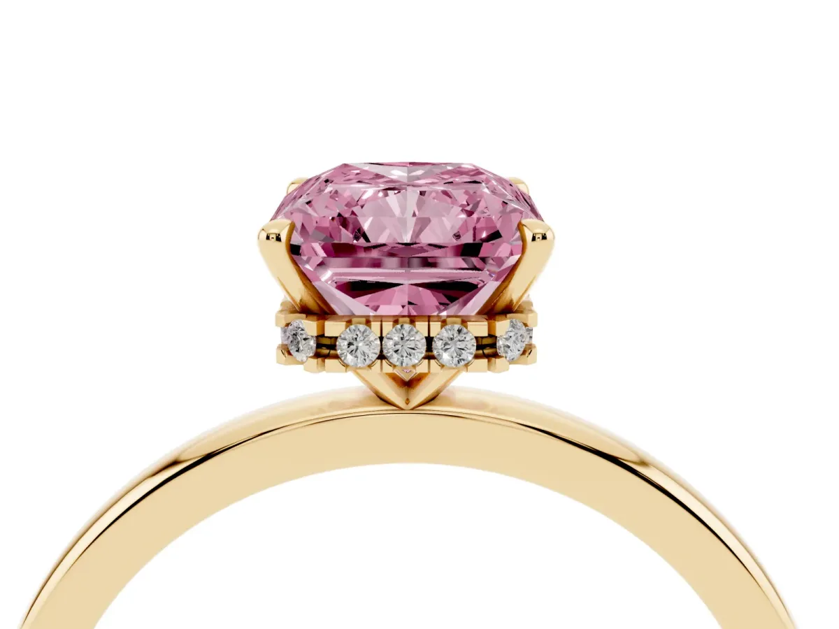 Fancy Pink Radiant Cut Solitaire Engagement Ring with Cathedral Band and Four-Prong Setting Yellow gold