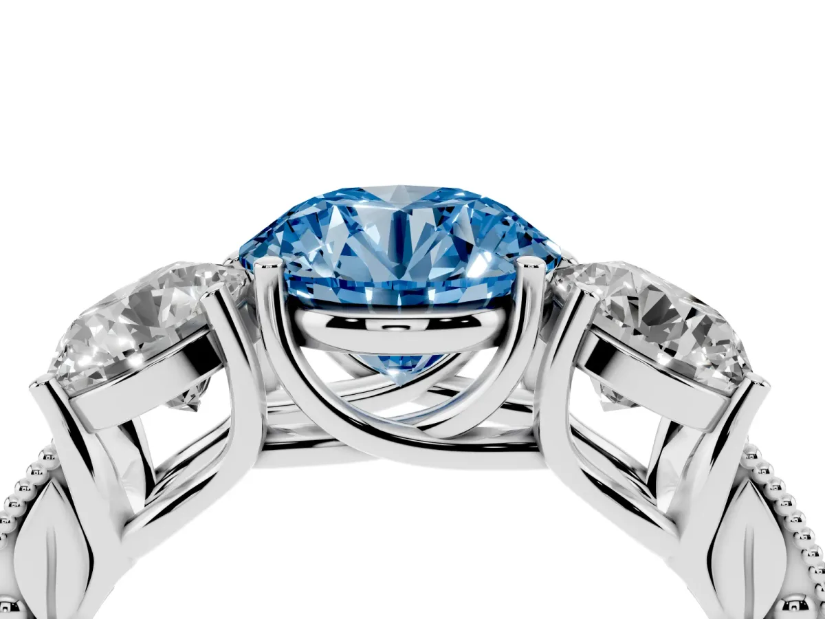 Fancy Blue Three-Stone Round Cut Cut Milgrain Pavé Engagement Ring Platinum