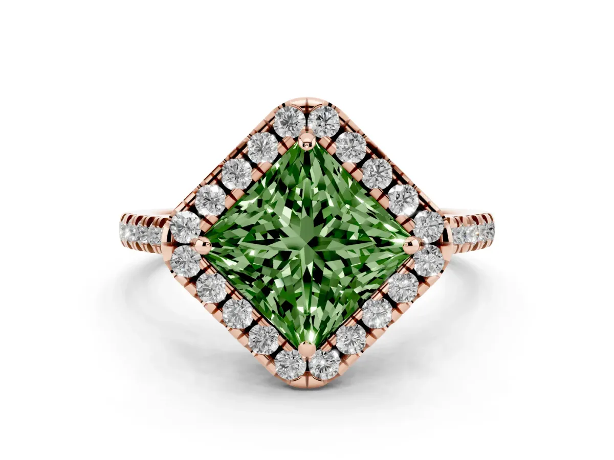 Fancy Green Princess Cut Diamond Cushion Halo Ring with Pavé Band Rose gold