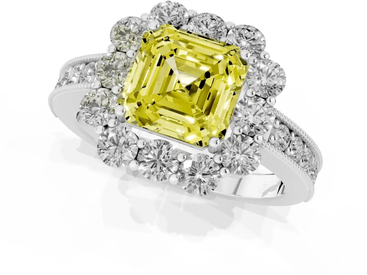 Fancy Yellow Asscher Cut Cut Halo Diamond Pavé Engagement Ring with Milgrain Detailing Platinum