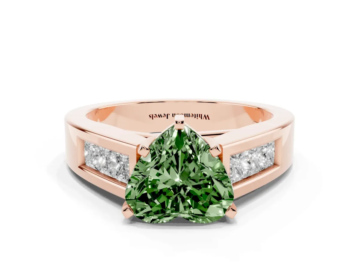 Fancy Green Heart Cut Cut Channel Set Solitaire Ring with Four-Prong Setting Rose gold