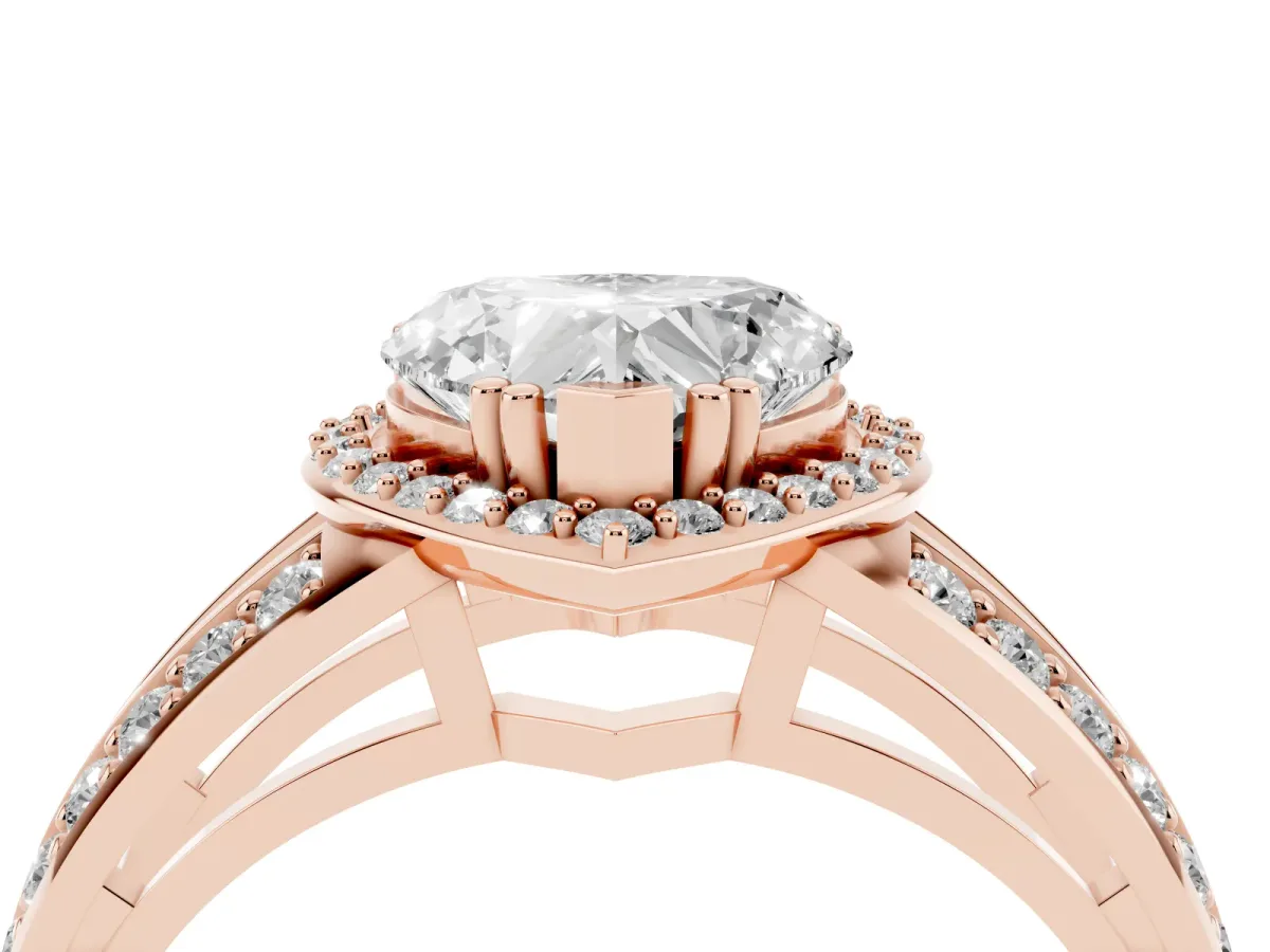 Heart Cut Diamond Halo Ring with Split Shank Pavé Band and Four-Prong Setting Rose gold
