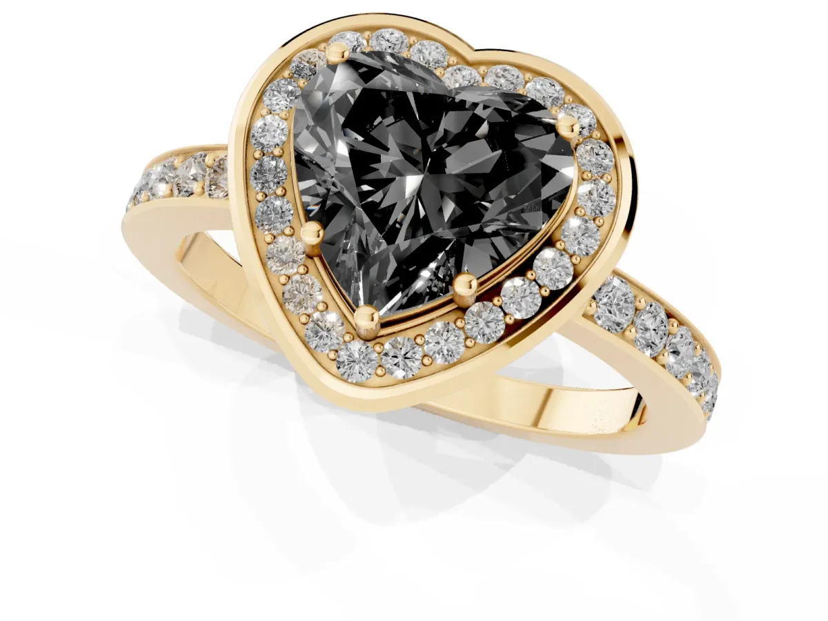 Fancy Black Heart Cut Diamond Halo Ring with Bezel Frame and Pavé Band Yellow gold