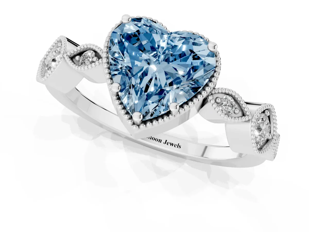 Fancy Blue Heart Cut Diamond Vintage Milgrain Ring with Round Stations Silver