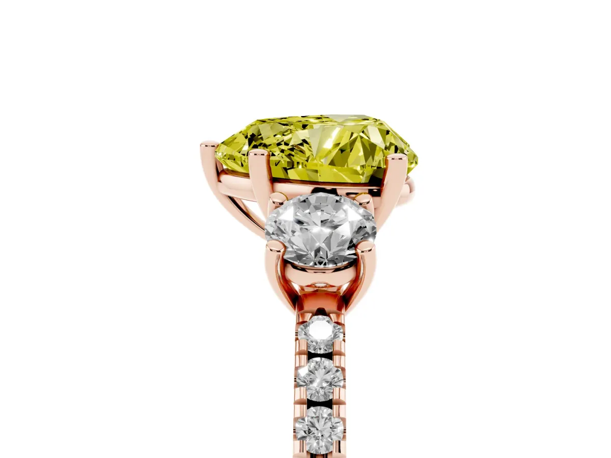 Fancy Yellow Three-Stone Heart Cut Cut Diamond Pavé Band with Prong Setting Rose gold