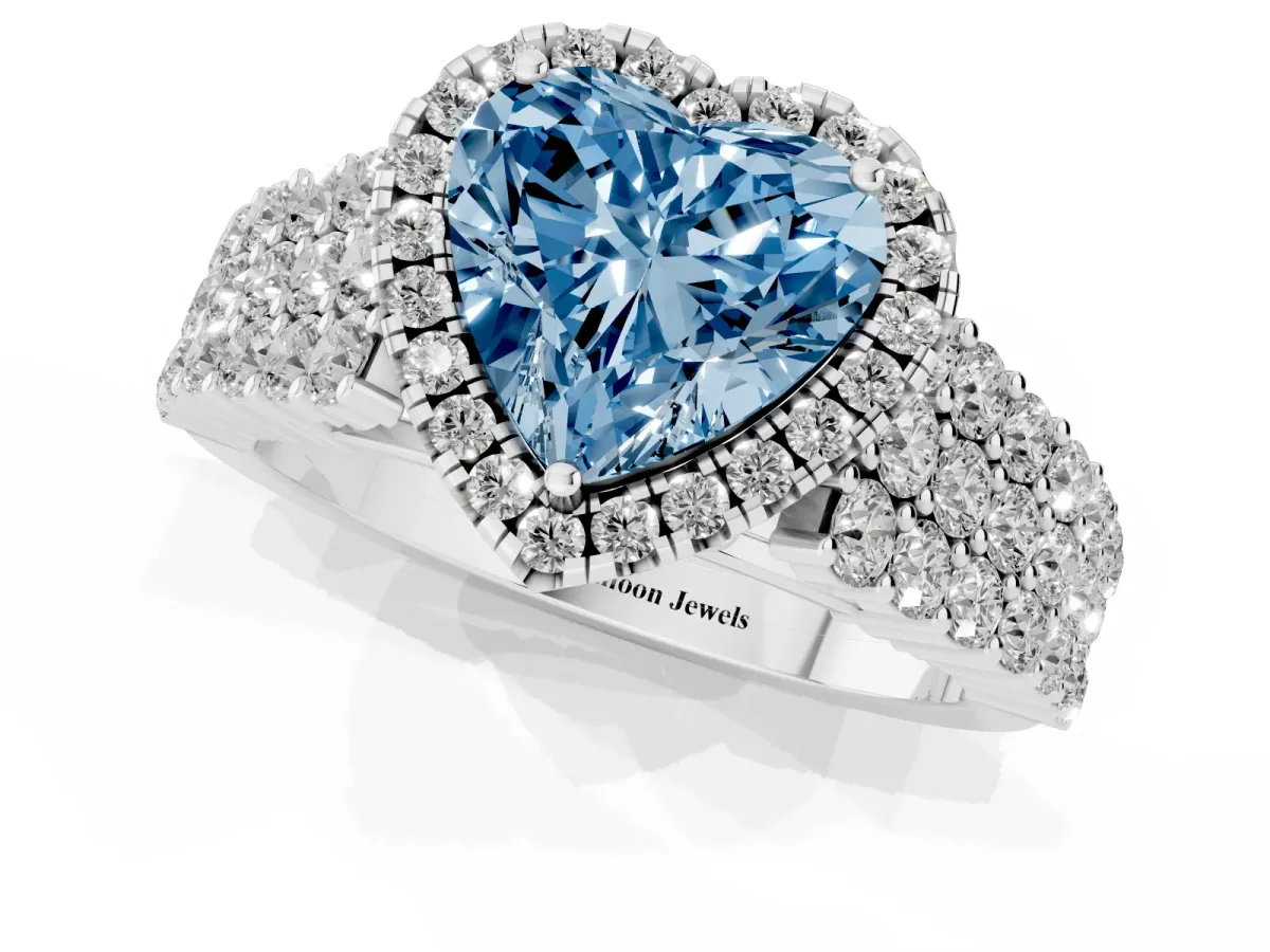 Fancy Blue Heart Cut Diamond Halo Engagement Ring with Triple Row Round Pavé Band and Prong Setting White gold