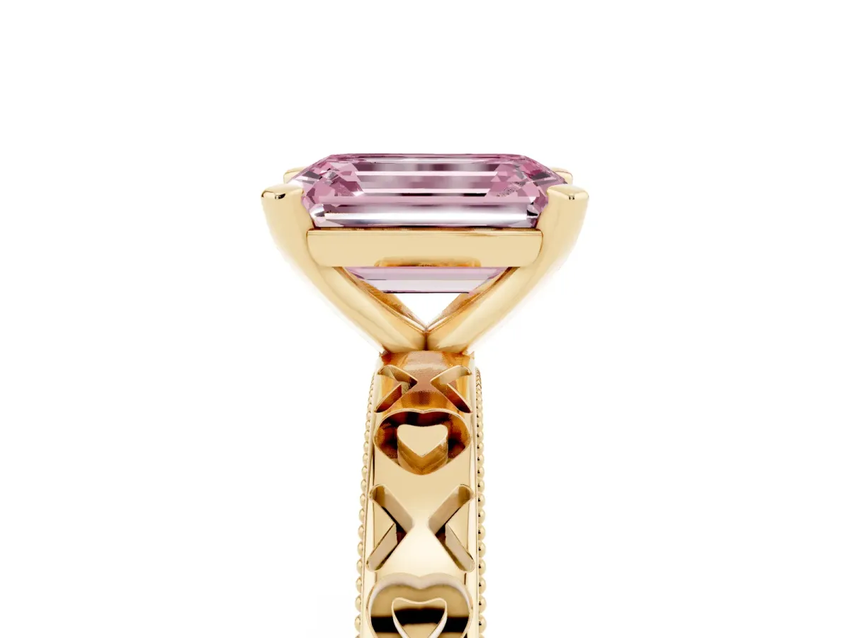 Fancy Pink Emerald Cut Solitaire Diamond Engagement Ring with XO Engraved Band and Four-Prong Setting Yellow gold