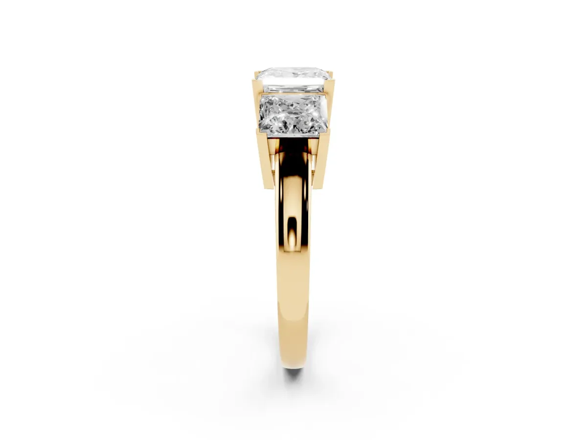 Three-Stone Princess Cut Cut Diamond Ring with Channel Set Band and Four-Prong Setting Yellow gold