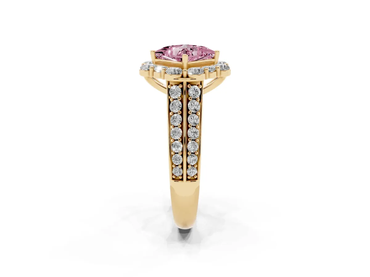 Fancy Pink Princess Cut Halo Diamond Engagement Ring with Split Shank and Prong Setting Yellow gold