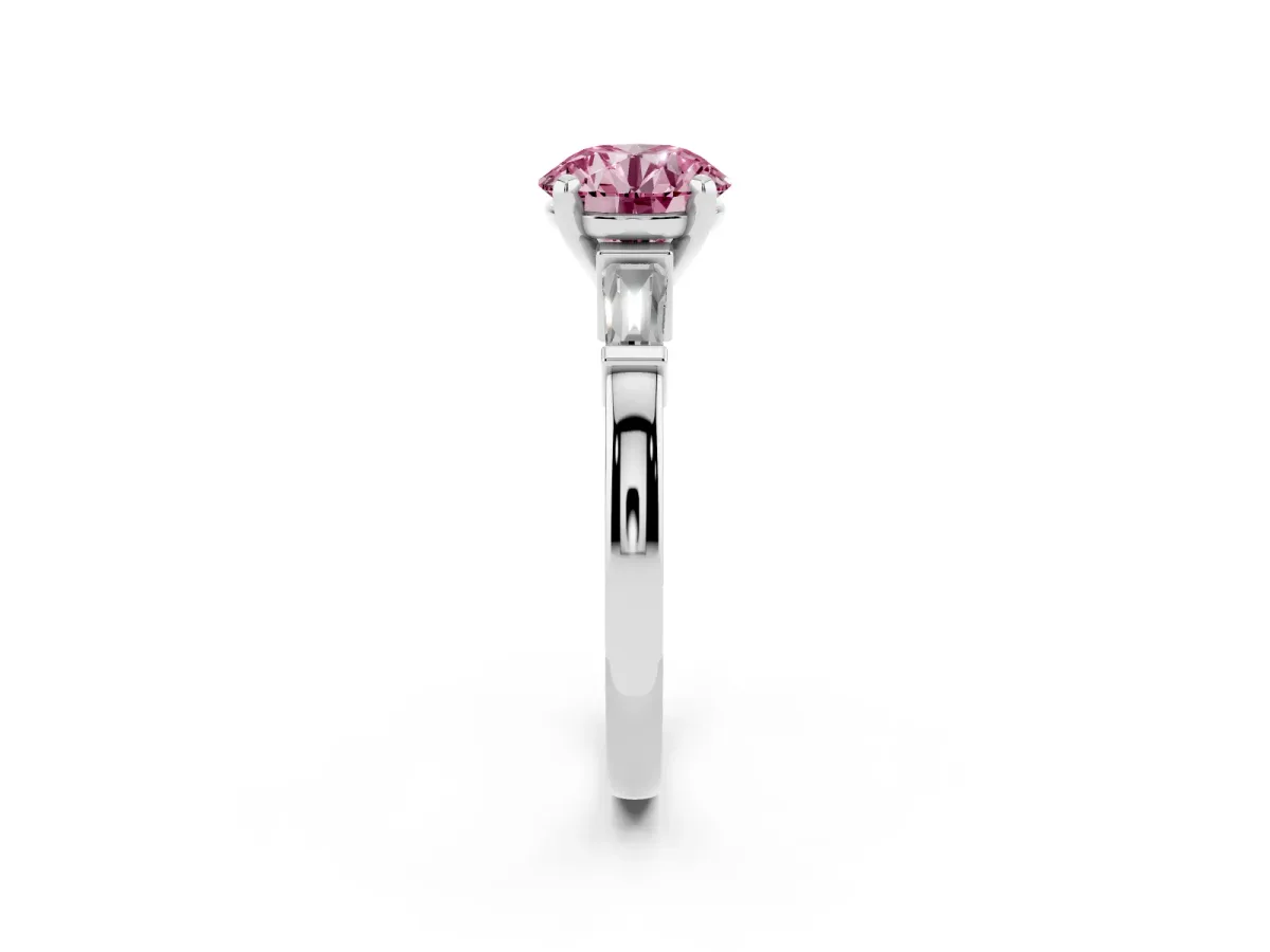 Fancy Pink Round Cut Cut Diamond Solitaire Ring with Tapered Baguette Accents and Four-Prong Setting Silver