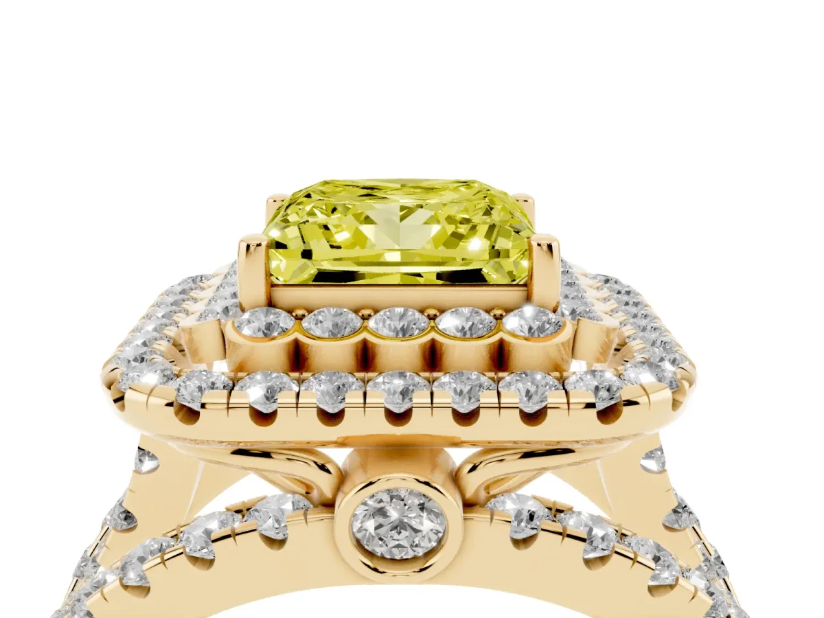 Fancy Yellow Princess Cut Diamond Double Halo Ring with Round Pavé Split Shank and Prong Setting Yellow gold