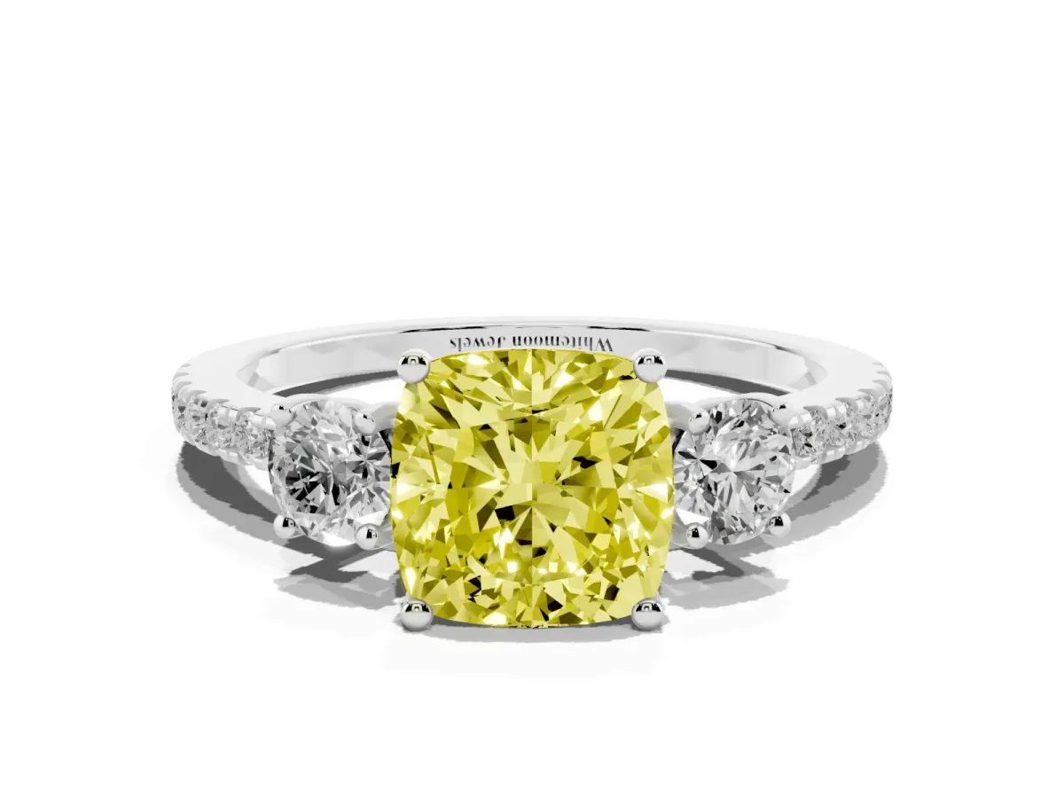 Fancy Yellow Three-Stone Cushion Cut Cut Diamond Pavé Band with Prong Setting Silver