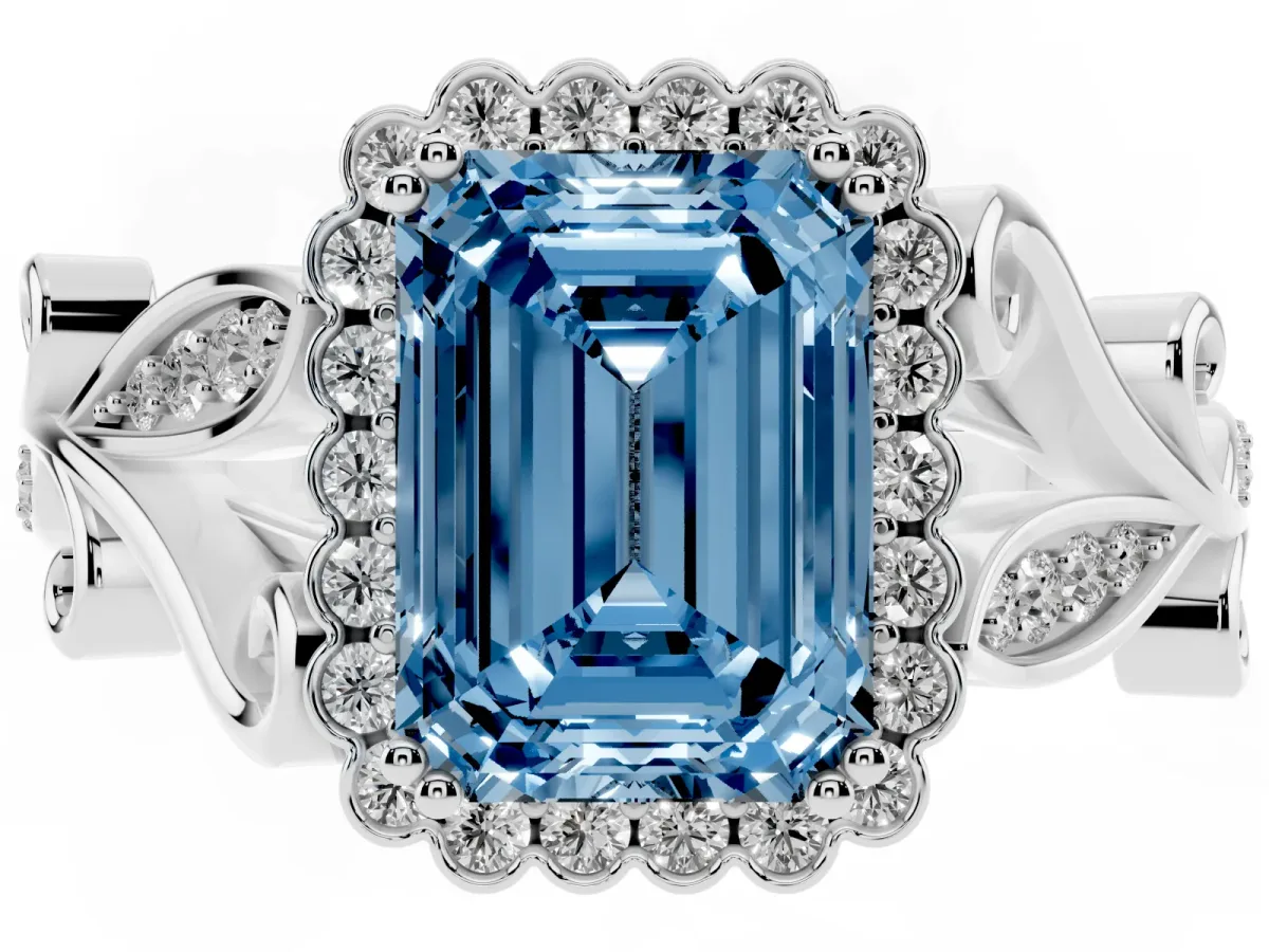 Fancy Blue Emerald Cut Diamond Halo Ring with Vintage Split Shank and Four-Prong Setting Silver