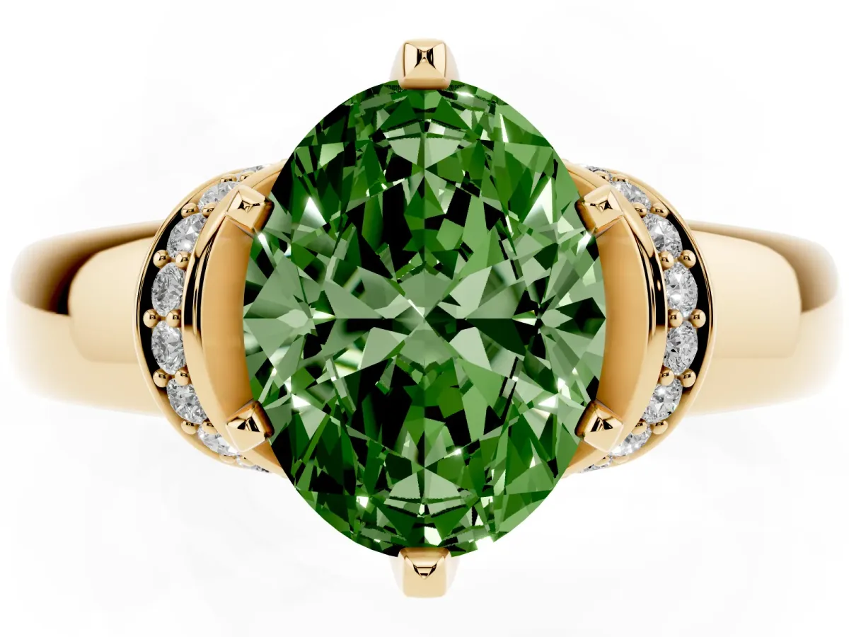 Fancy Green Oval Cut Solitaire Diamond Ring with Pave Band and Six-Prong Setting Yellow gold