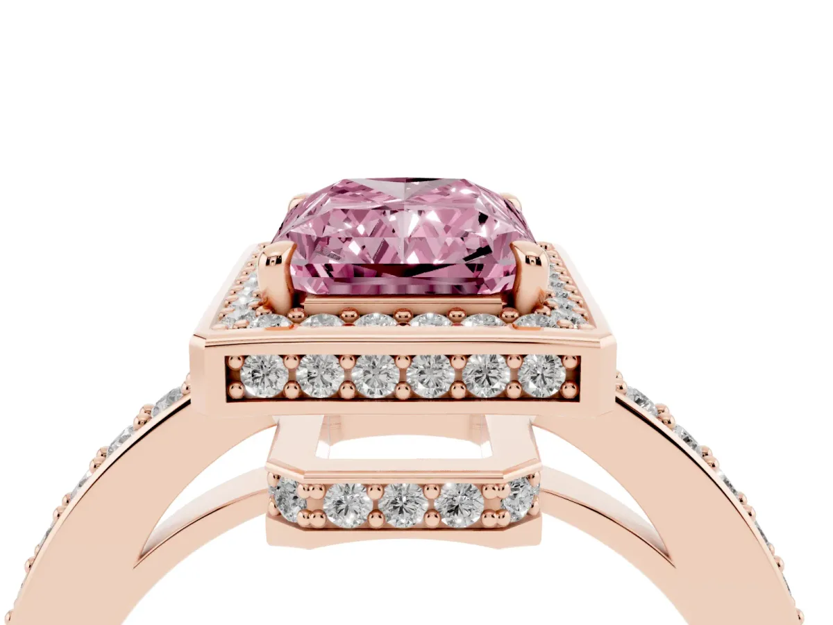 Fancy Pink Radiant Cut Halo Pave Band Solitaire Ring with Prong Setting Rose gold