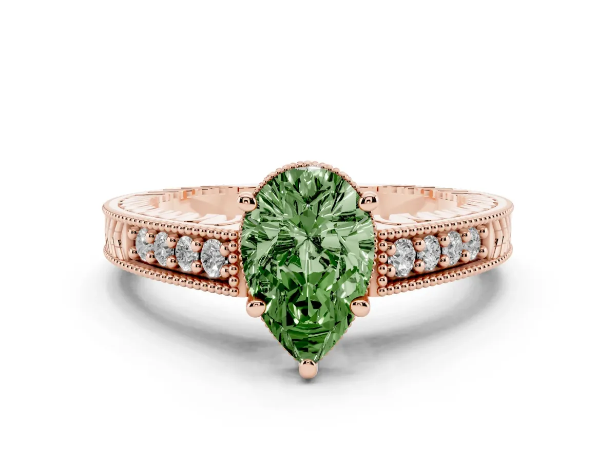 Fancy Green Pear Cut Solitaire Pavé Diamond Milgrain Engagement Ring with Four-Prong Setting Rose gold