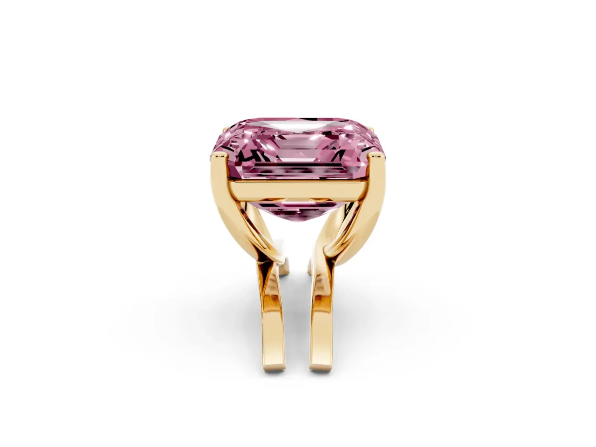 Fancy Pink Asscher Cut Cut Diamond Solitaire Engagement Ring with Tapered Plain Band and Four-Prong Setting Yellow gold