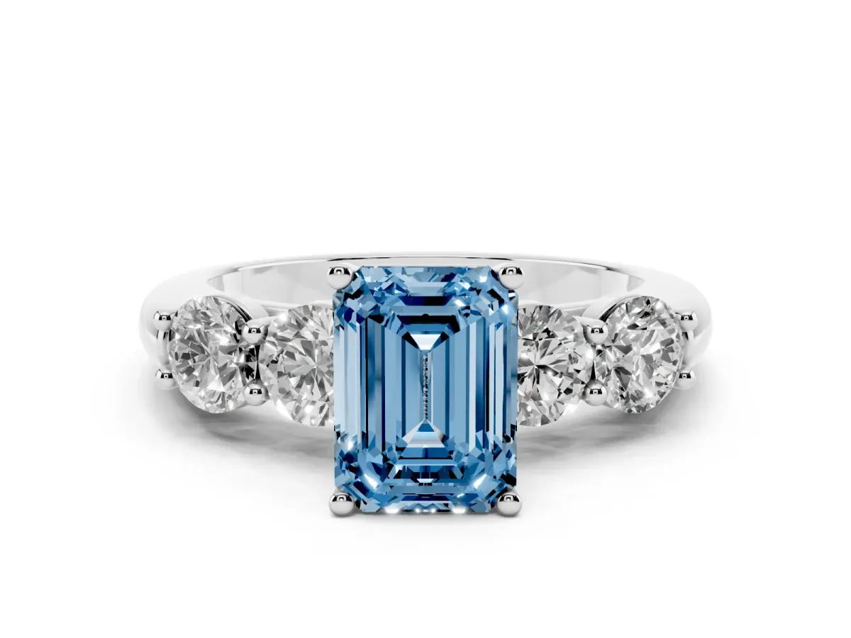 Fancy Blue Emerald Cut Cut Five-Stone Prong Set Diamond Ring with Classic Band Silver