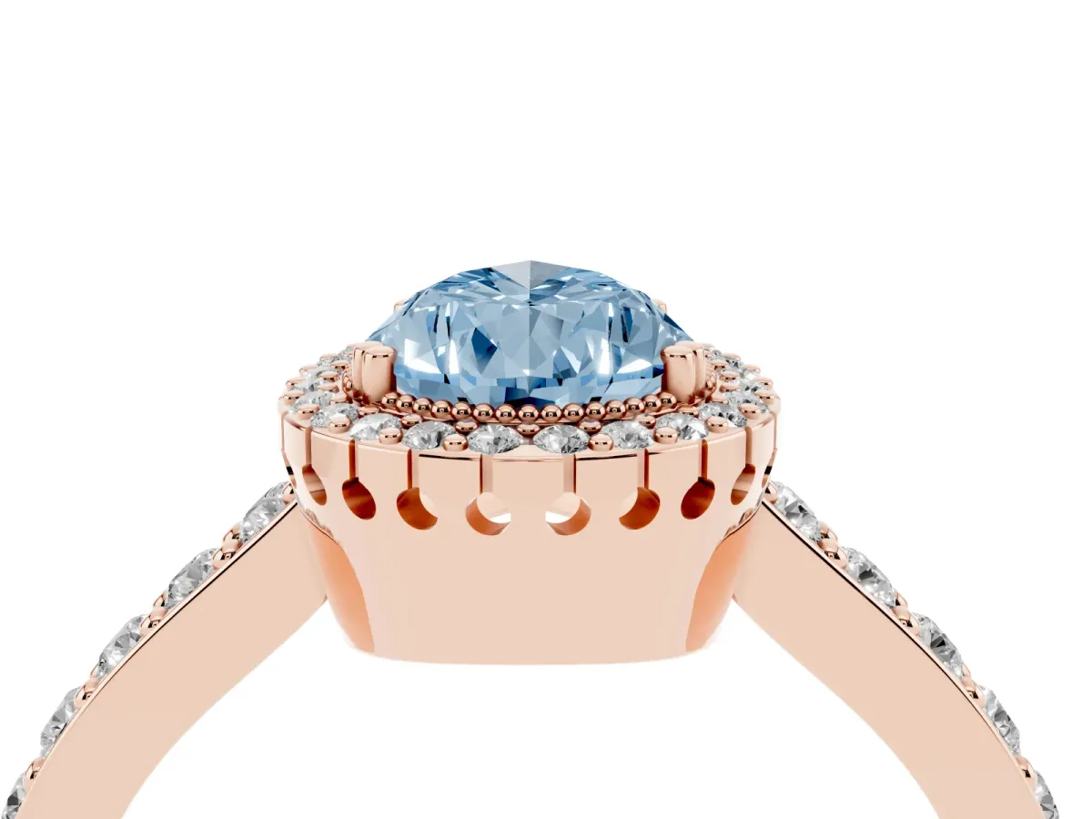 Fancy Blue Pear Cut Cut Diamond Halo Engagement Ring with Milgrain Detail and Pavé Band Rose gold