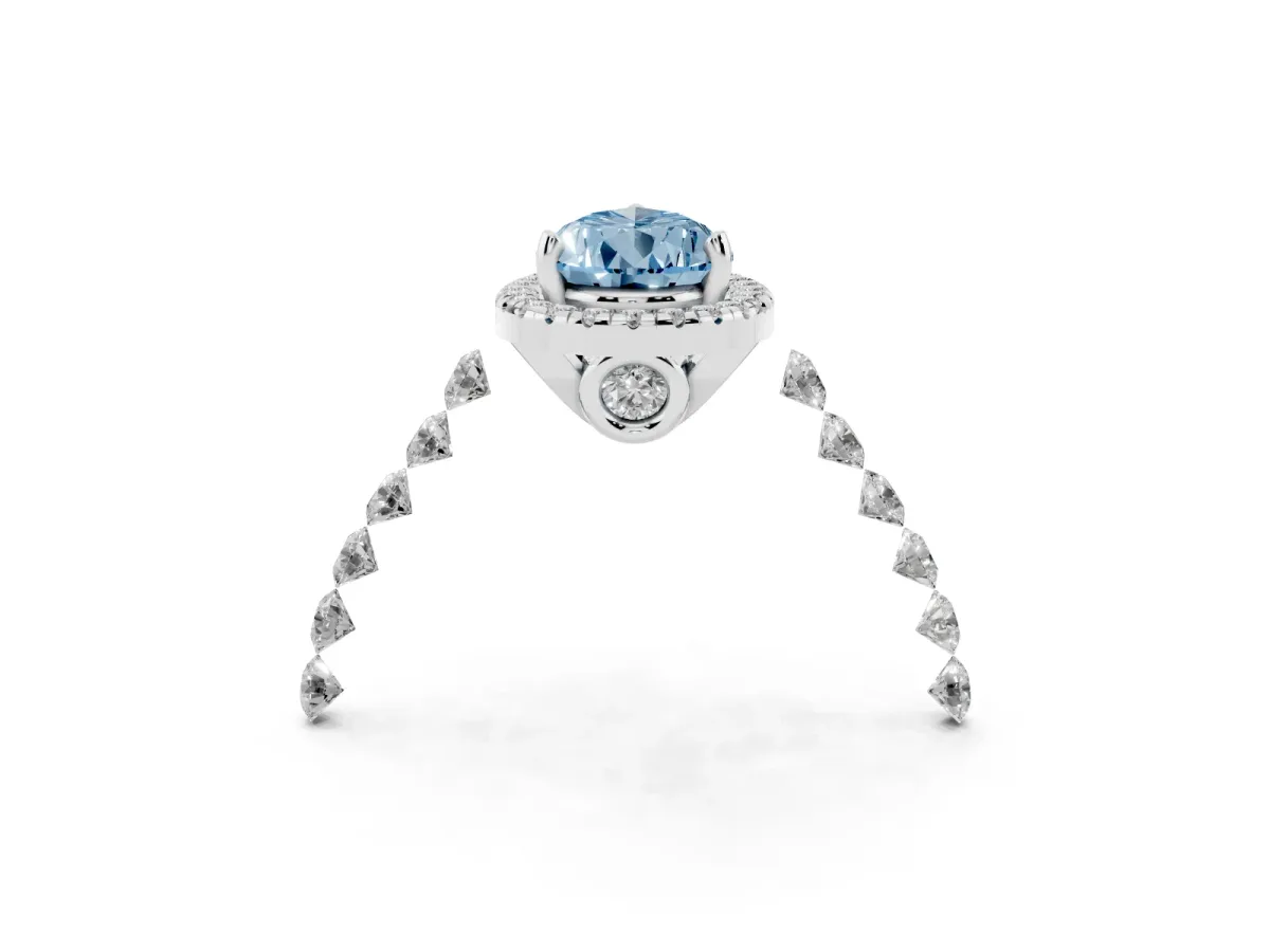 Fancy Blue Pear Cut Halo Pavé Diamond Engagement Ring with Four-Prong Setting Silver