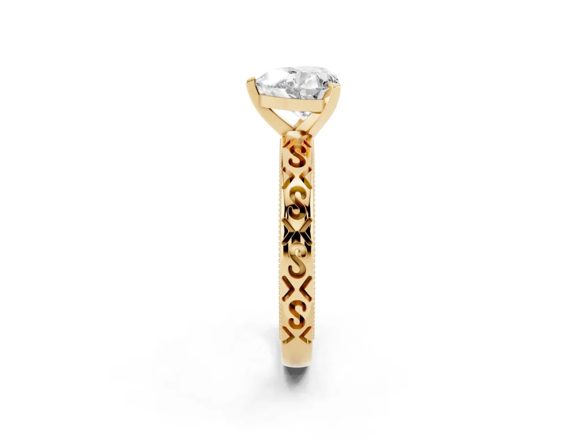 Heart Cut Solitaire Engagement Ring with Scrollwork Band and Four-Prong Setting Yellow gold