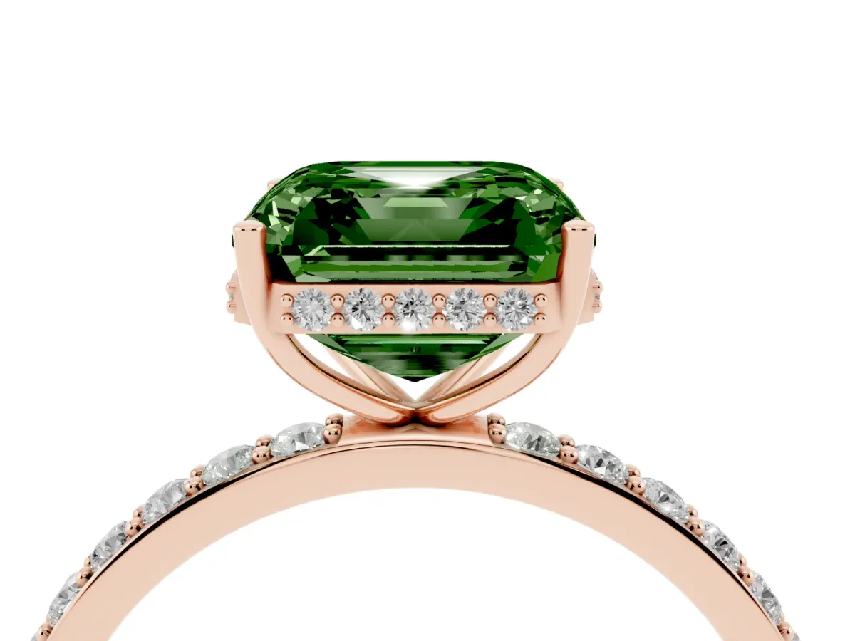 Fancy Green Asscher Cut Diamond Solitaire Ring with Pavé Band and Hidden Halo Rose gold