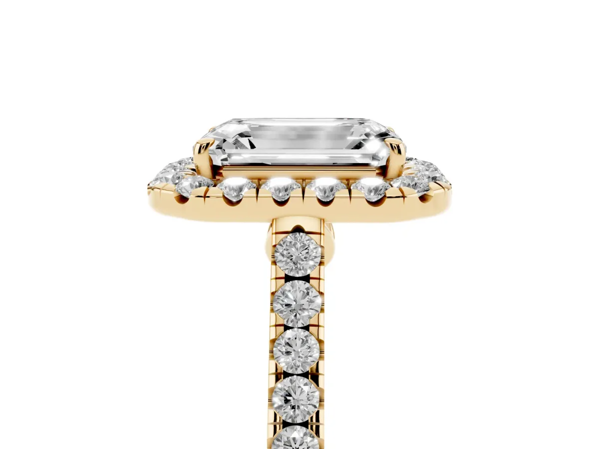 Emerald Cut Halo Pave Diamond Engagement Ring with Four-Prong Setting Yellow gold
