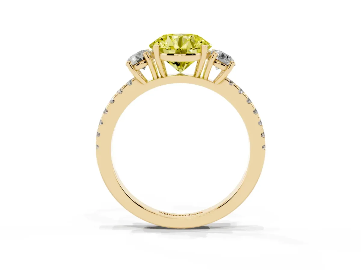 Fancy Yellow Three-Stone Round Cut Cut Diamond Pavé Band with Prong Setting Yellow gold