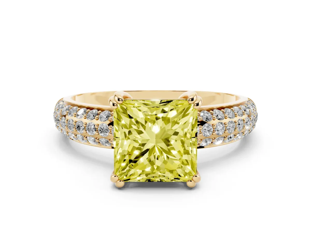 Fancy Yellow Princess Cut Diamond Solitaire Ring with Multi-Row Round Pavé Band and Prong Setting Yellow gold