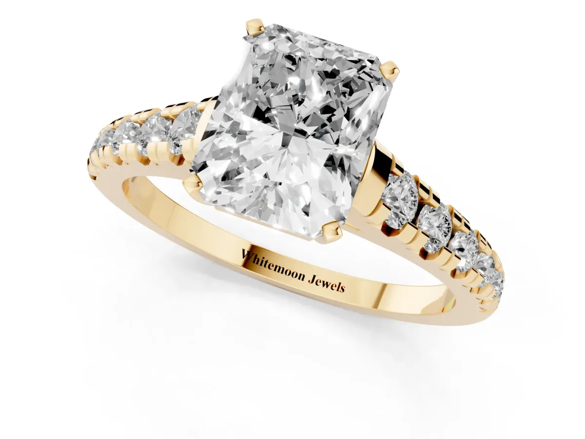 Radiant Cut Diamond Cathedral Solitaire Ring with Round Pavé Band Yellow gold