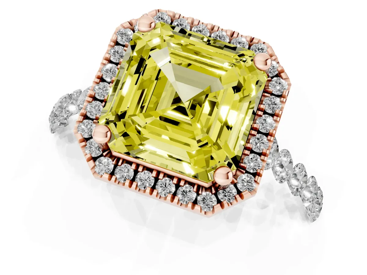 Fancy Yellow Asscher Cut Halo Pavé Diamond Engagement Ring with Four-Prong Setting Rose gold