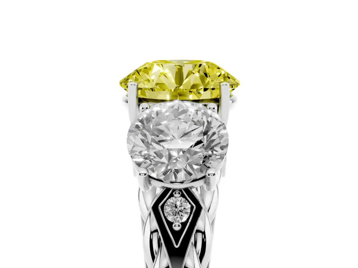 Fancy Yellow Three-Stone Round Cut Diamond Braided Band Ring with Four-Prong Setting Platinum