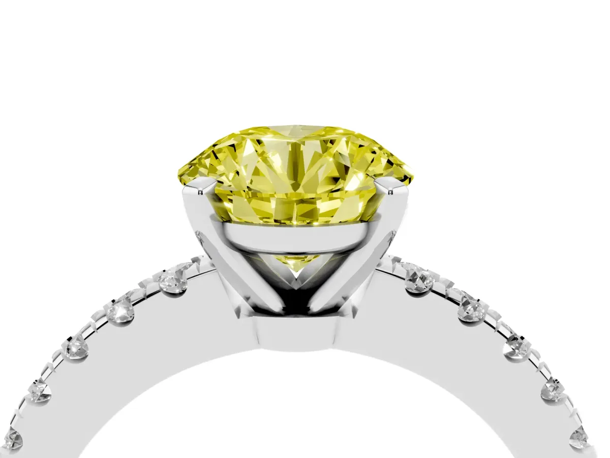 Fancy Yellow Round Cut Solitaire Diamond with Pavé Band and Four-Prong Setting Platinum