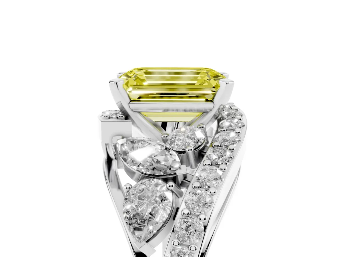 Fancy Yellow Emerald Cut Diamond Halo Ring with Marquise and Pavé Band in Prong Setting Platinum