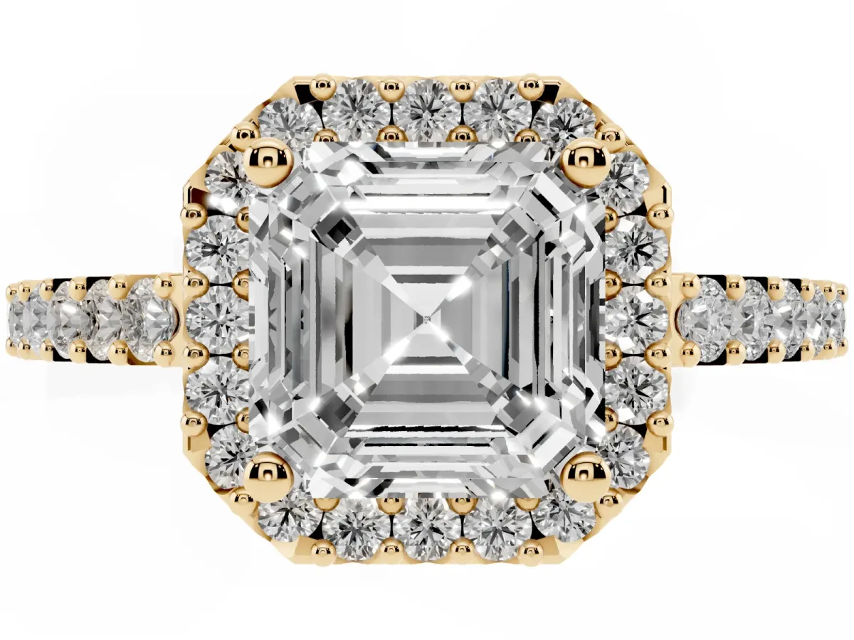 Asscher Cut Halo Diamond Pavé Solitaire Ring Yellow gold