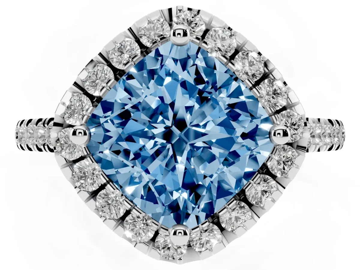 Fancy Blue Cushion Cut Diamond Cushion Halo Ring with Pavé Band Platinum